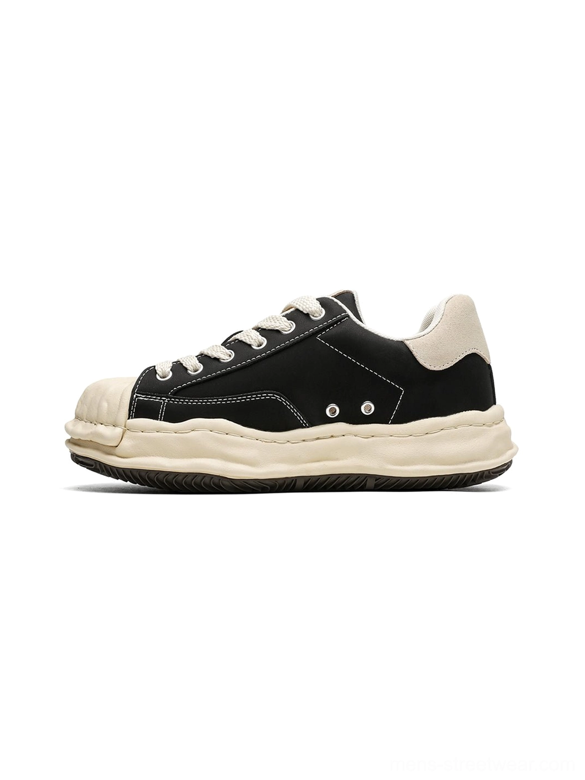 Black shell-toe platform sneakers shown from the left side with beige toe cap, heel detail, thick lifted sole, and classic lace-up streetwear design