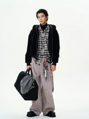 Black sherpa fleece hooded bomber jacket layered with turtleneck and plaid shirt for Seoul streetwear outfit
