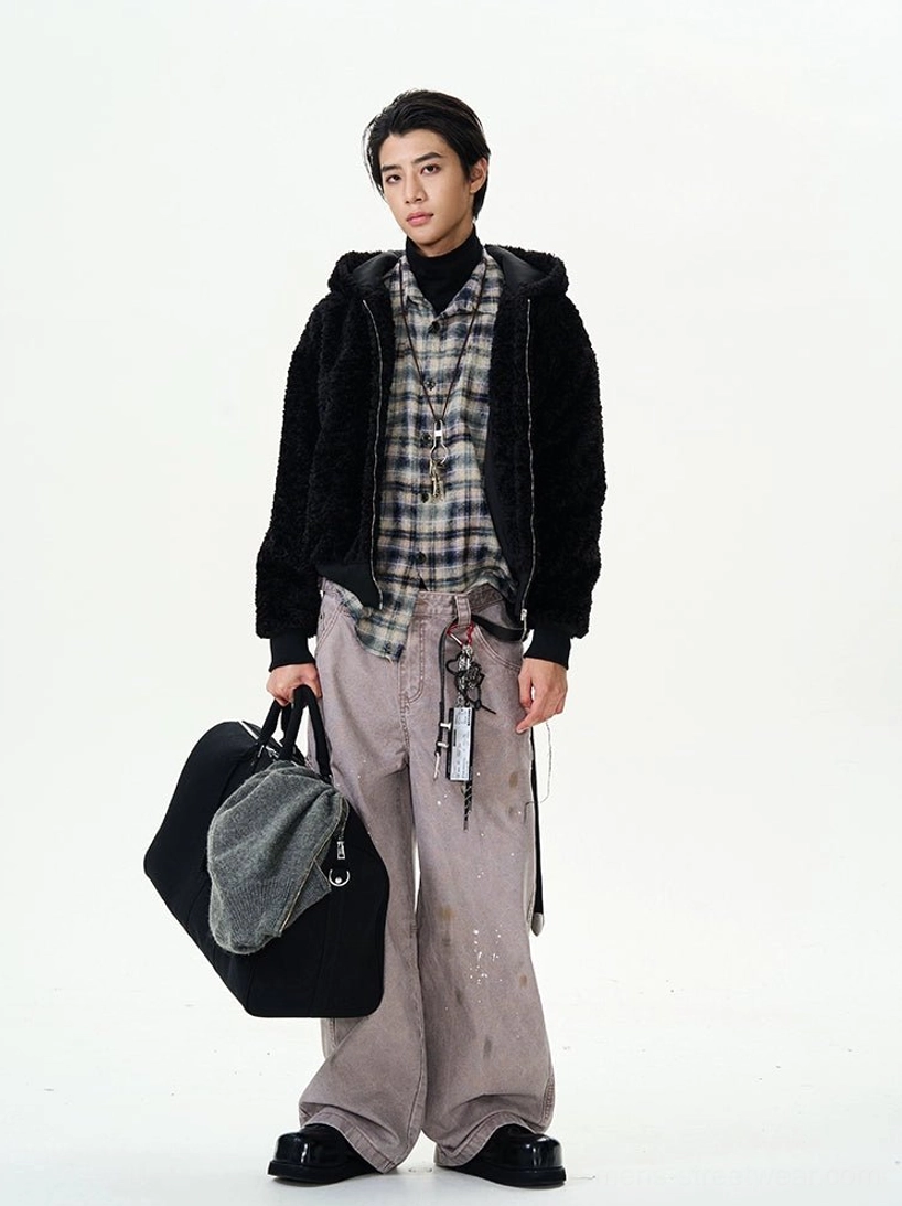 Black sherpa fleece hooded bomber jacket layered with turtleneck and plaid shirt for Seoul streetwear outfit
