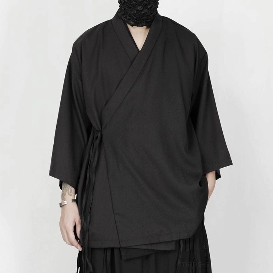 Black Shirts Ice Version kimono-style wrap shirt option with oversized fit and minimalist streetwear styling