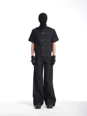 Black short-sleeve denim jacket and wide-leg pants streetwear set styled with a balaclava and gloves in a full-body front studio view