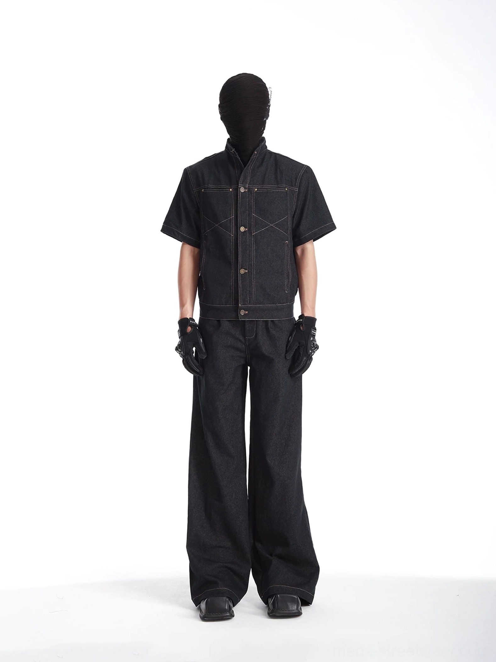 Black short-sleeve denim jacket and wide-leg pants streetwear set styled with a balaclava and gloves in a full-body front studio view