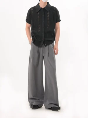 Black short-sleeve diamond lattice knit polo cardigan shown from the front with relaxed Korean streetwear styling