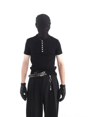 Black short sleeve Henley tee with metallic button placket styled in an avant garde Seoul streetwear outfit