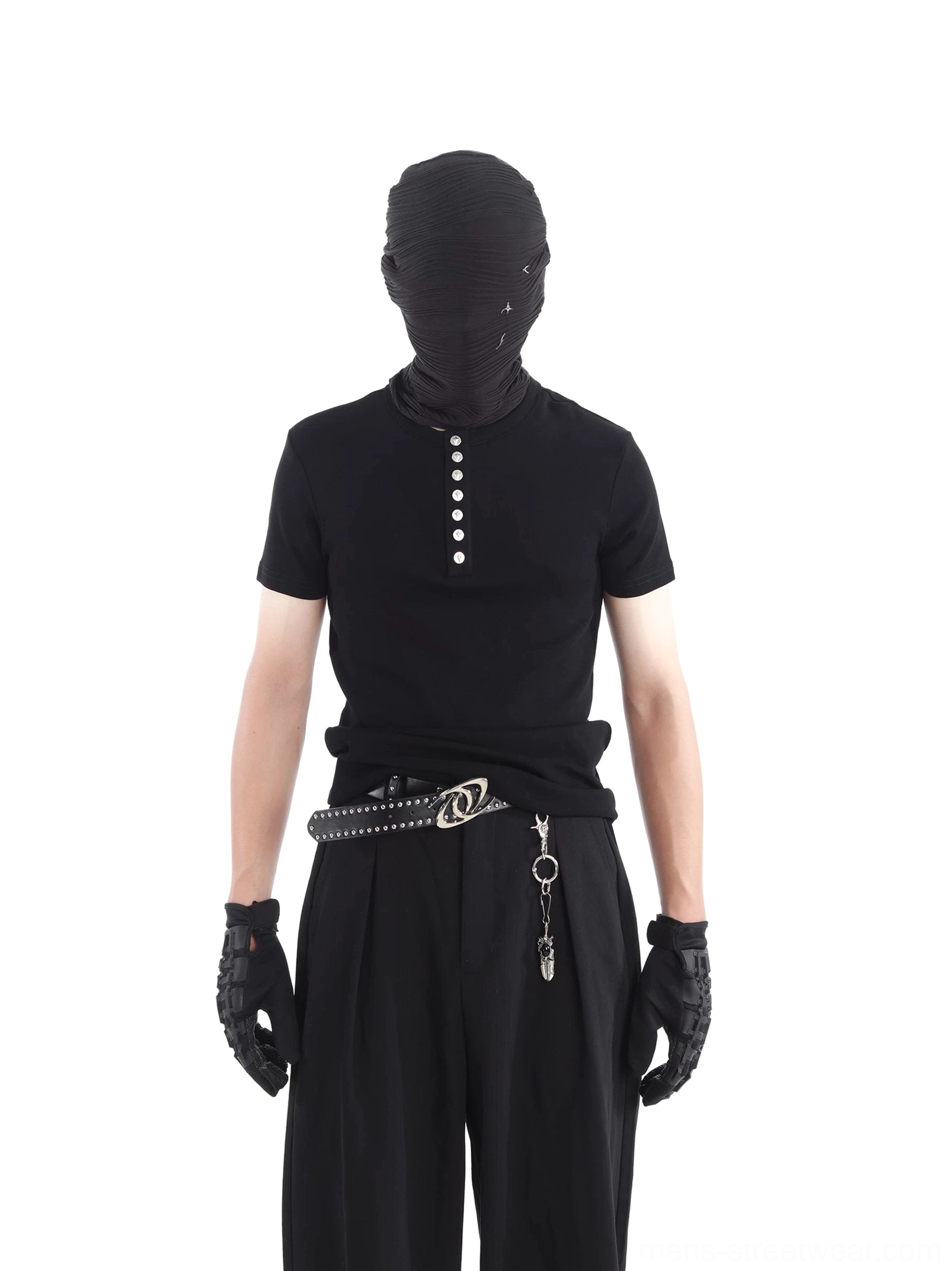 Black short sleeve Henley tee with metallic button placket styled in an avant garde Seoul streetwear outfit