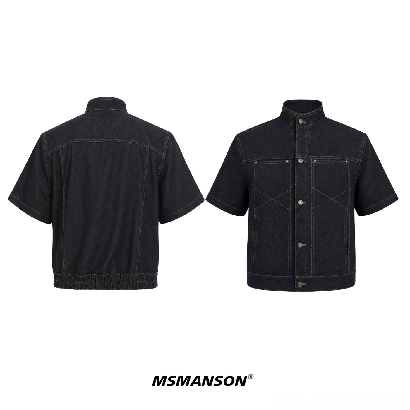 Black short-sleeve stand-collar denim jacket shown front and back with button closure elasticated hem and contrast topstitching