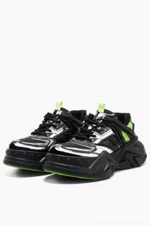 Black silver and neon green breathable cyberpunk chunky sneakers with jagged techwear rubber sole front view