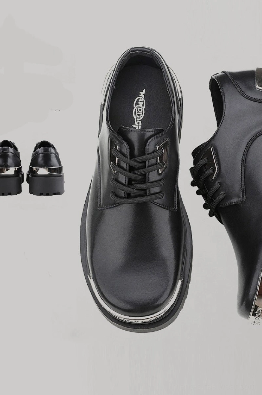 Black silver-toe platform derby shoes displayed from front, side, and rear angles with glossy upper, lace-up closure, metal details, and thick lug outsole