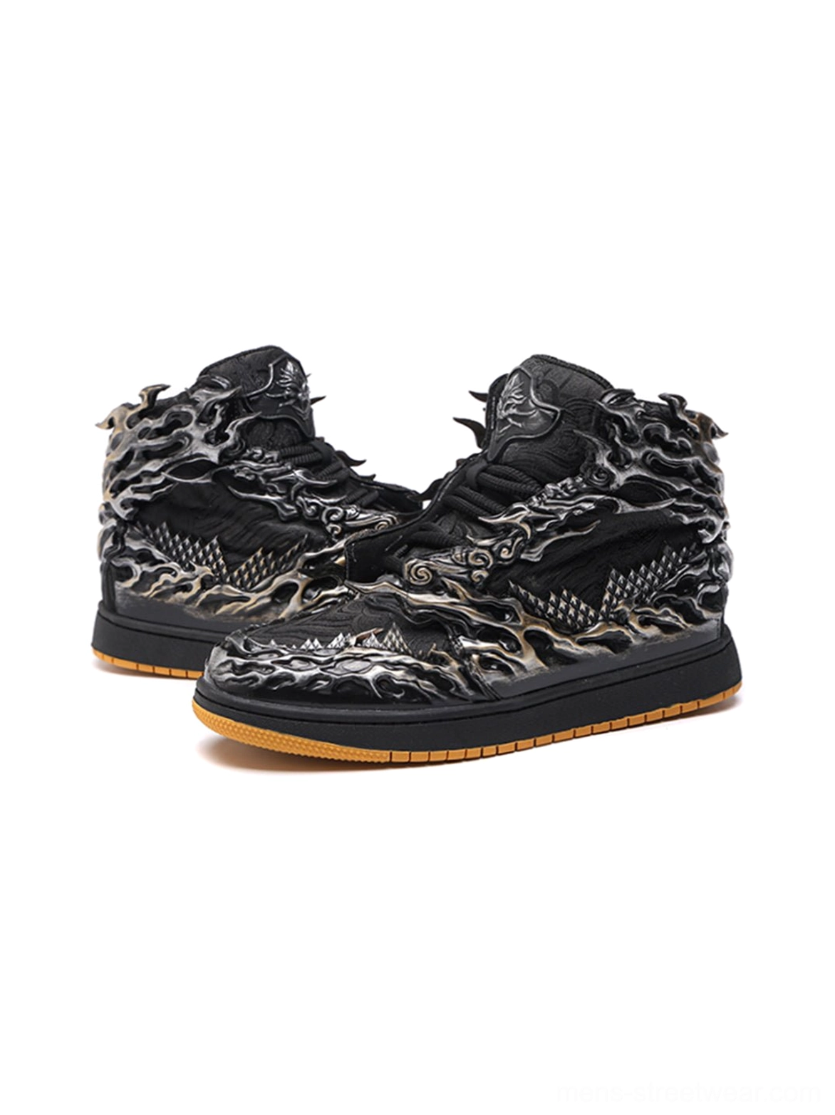 Black and silver myth-inspired high-top sneakers with dimensional relief patterns for Korean and East Asian streetwear