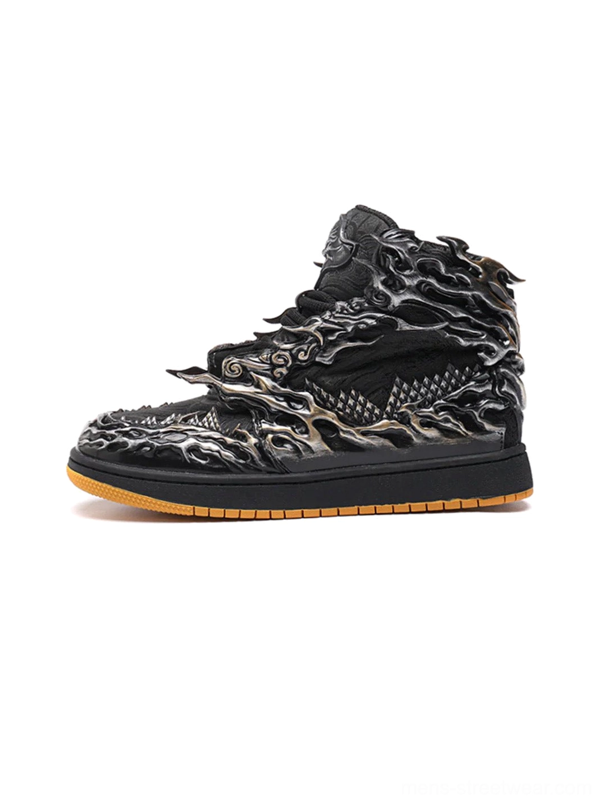 Black and silver Wukong cloud relief high-top sneakers shown in a left side studio profile with embossed monkey king artwork and gum rubber outsole