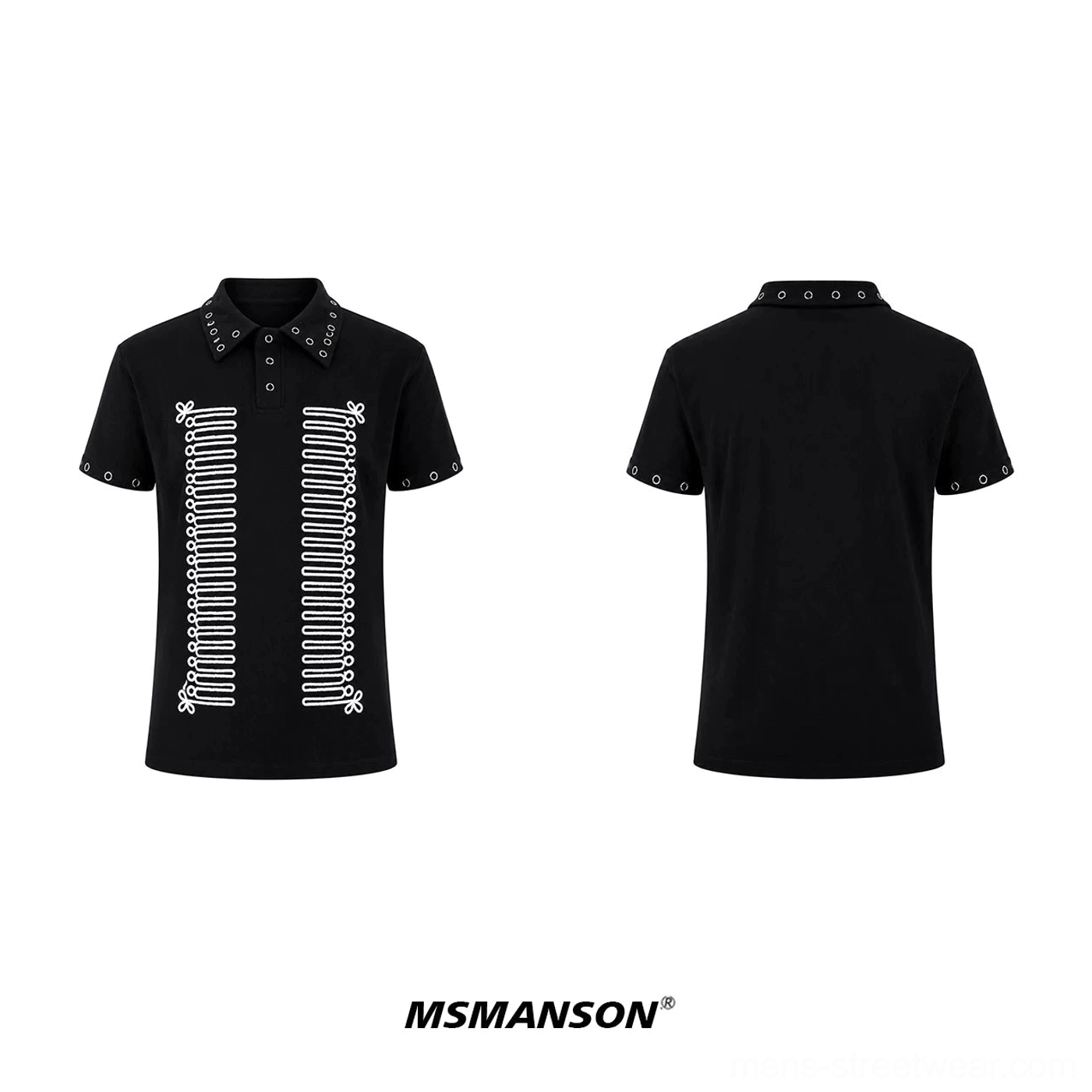 Black skeleton graphic polo shirt shown in front and back flat lay views with metal eyelet details on collar and sleeve cuffs