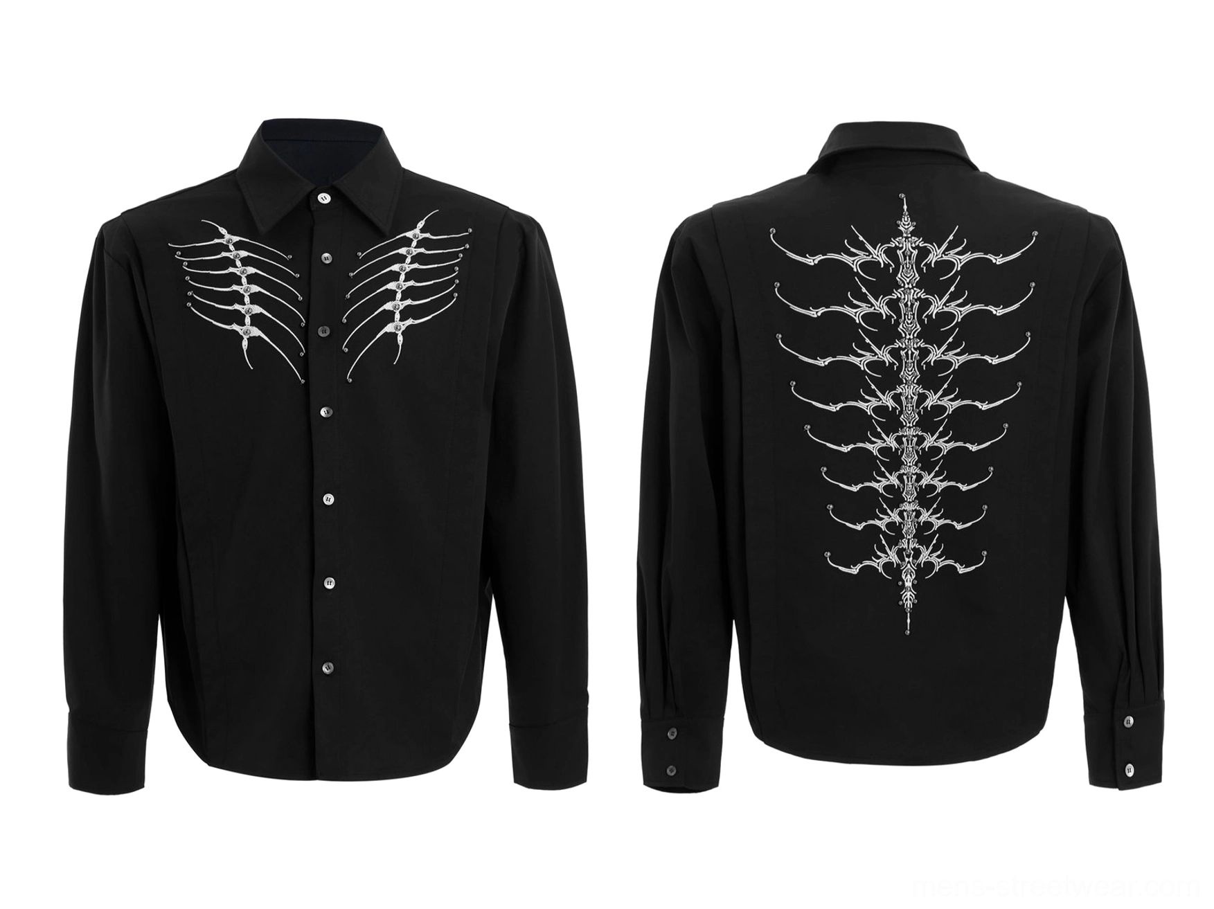Black skeleton ribcage and spinal embroidered button-up shirt product image for avant-garde Korean streetwear