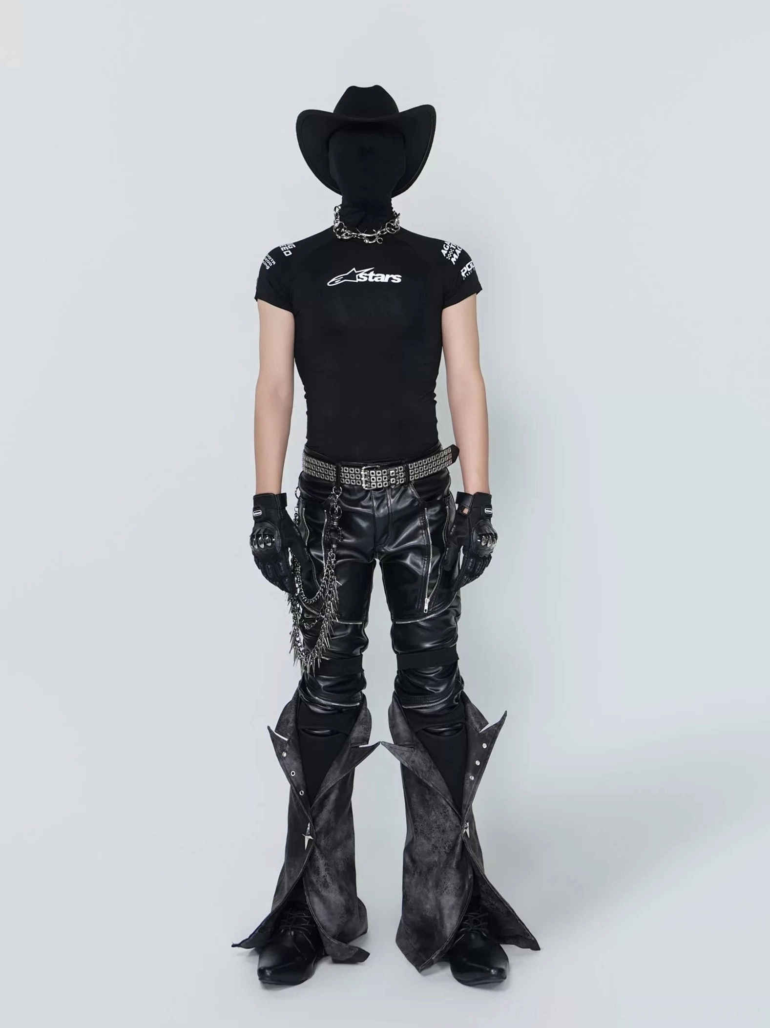 Black slim-fit motorsport graphic tee shown in a full front view with layered biker styling