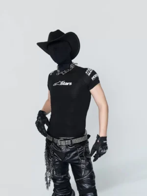 Black slim-fit racing graphic tee shown from a three-quarter front view with chest and shoulder motorsport-inspired graphics