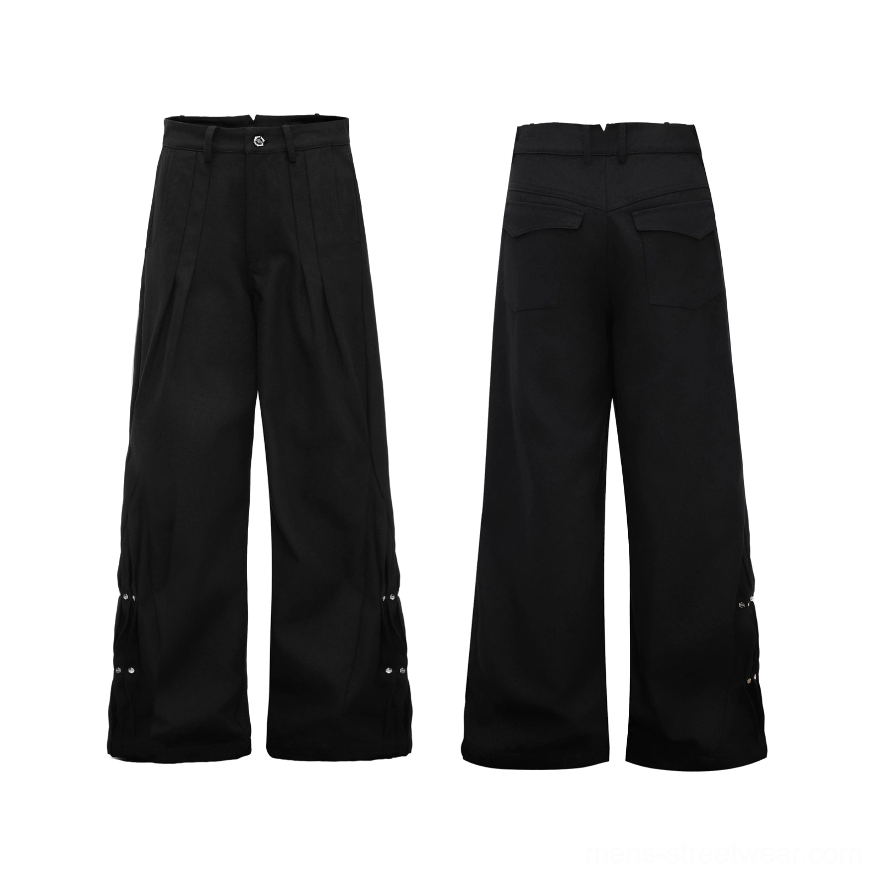 Black snap detail draped wide leg pants flat lay showing front and back views, pleated waist, pockets, and adjustable hems