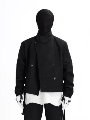 Black speckled cropped officer coat with high stand collar double-breasted closure and hanging hem straps front view