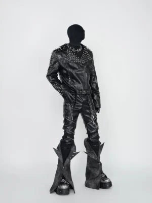 Full front mannequin outfit featuring black spiked faux leather moto jacket with asymmetric zipper and punk streetwear styling