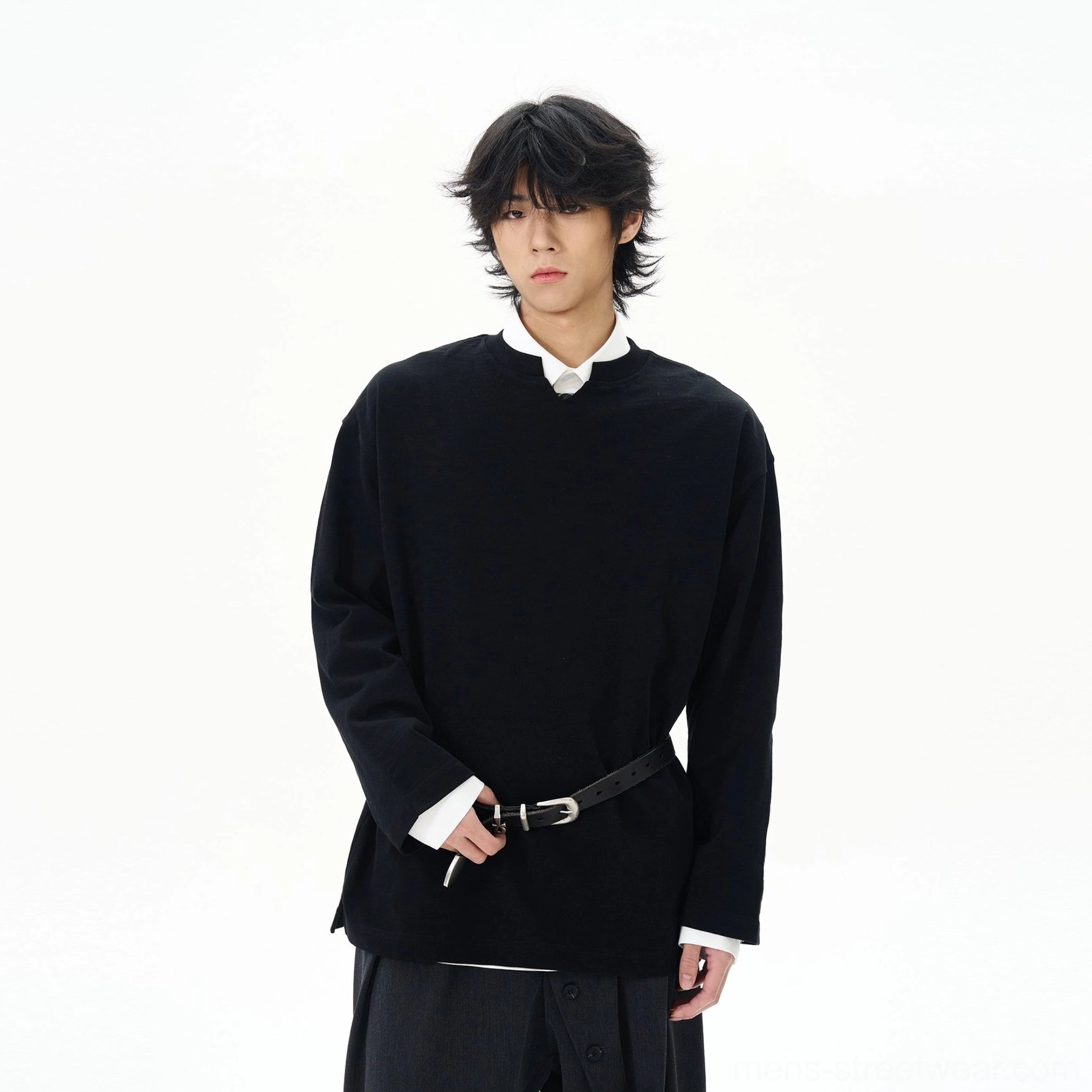 Black split-neck cotton long-sleeve streetwear shirt product view with a relaxed Korean fashion silhouette
