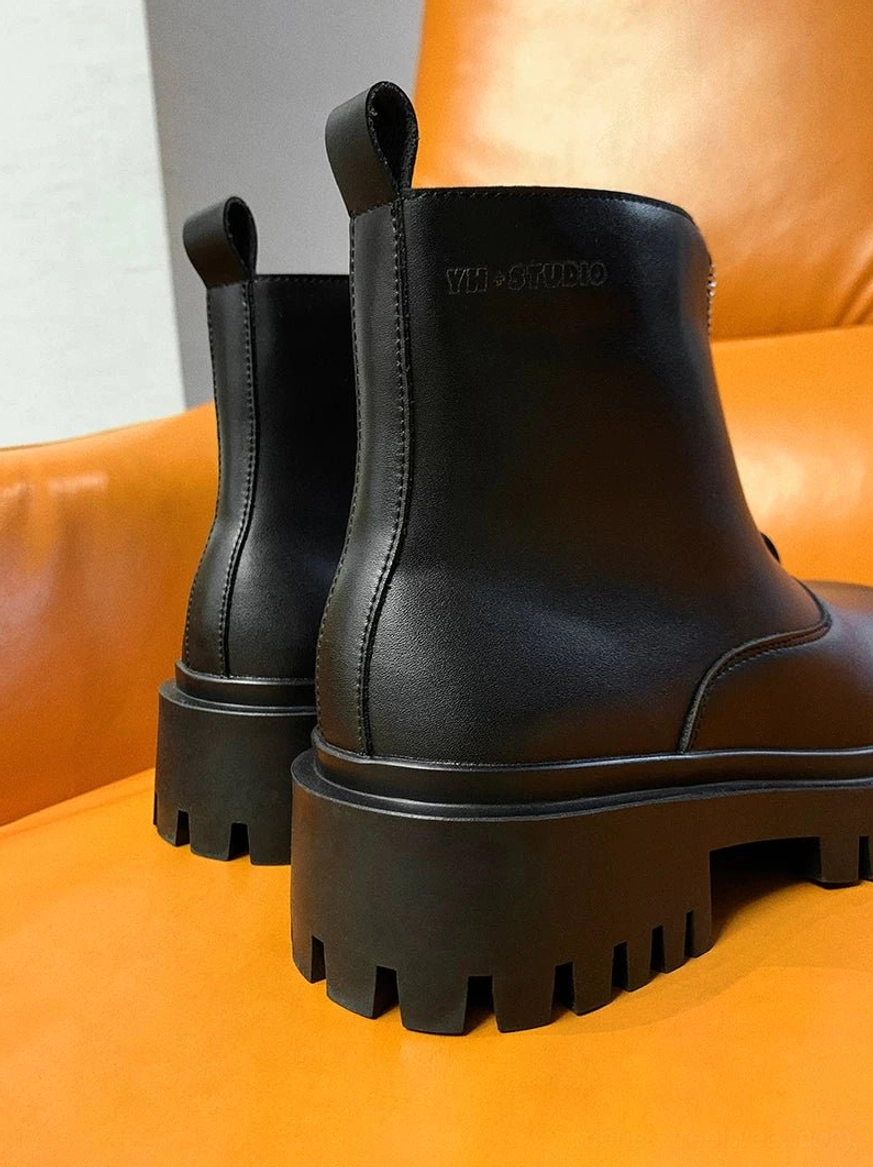 Black square-toe front-zip platform boots with chunky lug soles styled for Korean-inspired urban streetwear