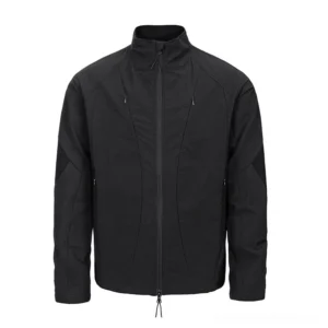 Black men's techwear softshell zip jacket with stand collar, concealed zipper pockets, geometric panel construction, and futuristic urban streetwear silhouette