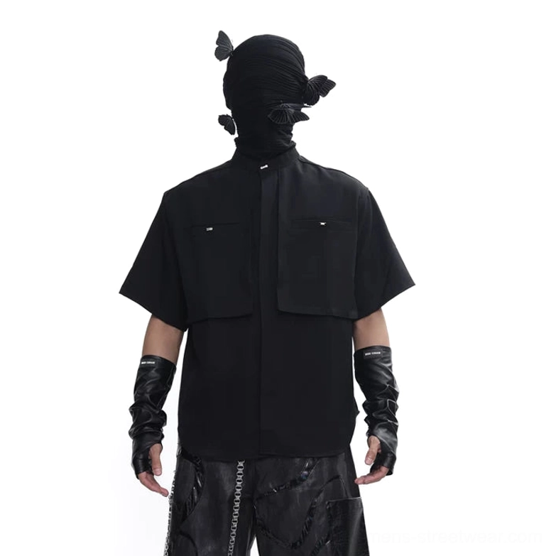 Black stand collar utility tech shirt front view with hidden button placket dual flap pockets and relaxed fit
