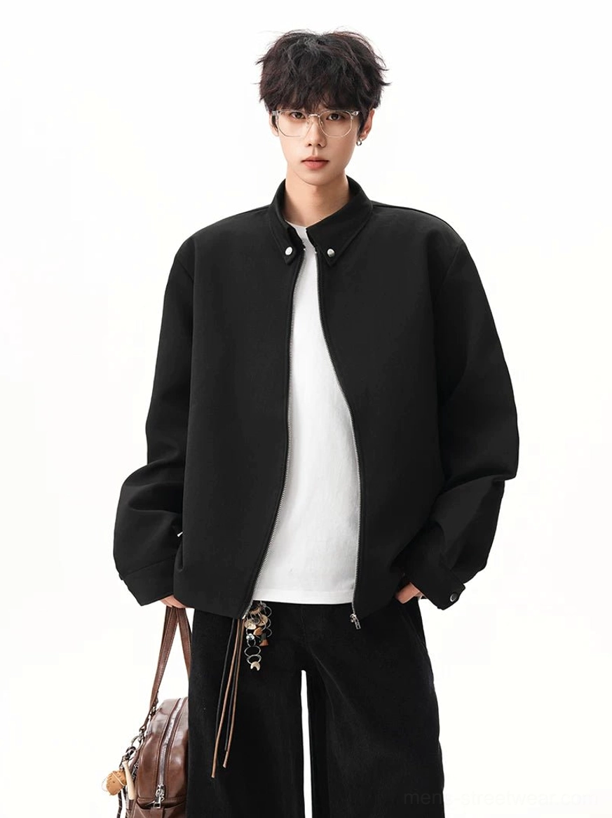 Black stand collar zip jacket styled with wide leg trousers leather tote bag and accessories for Korean streetwear look