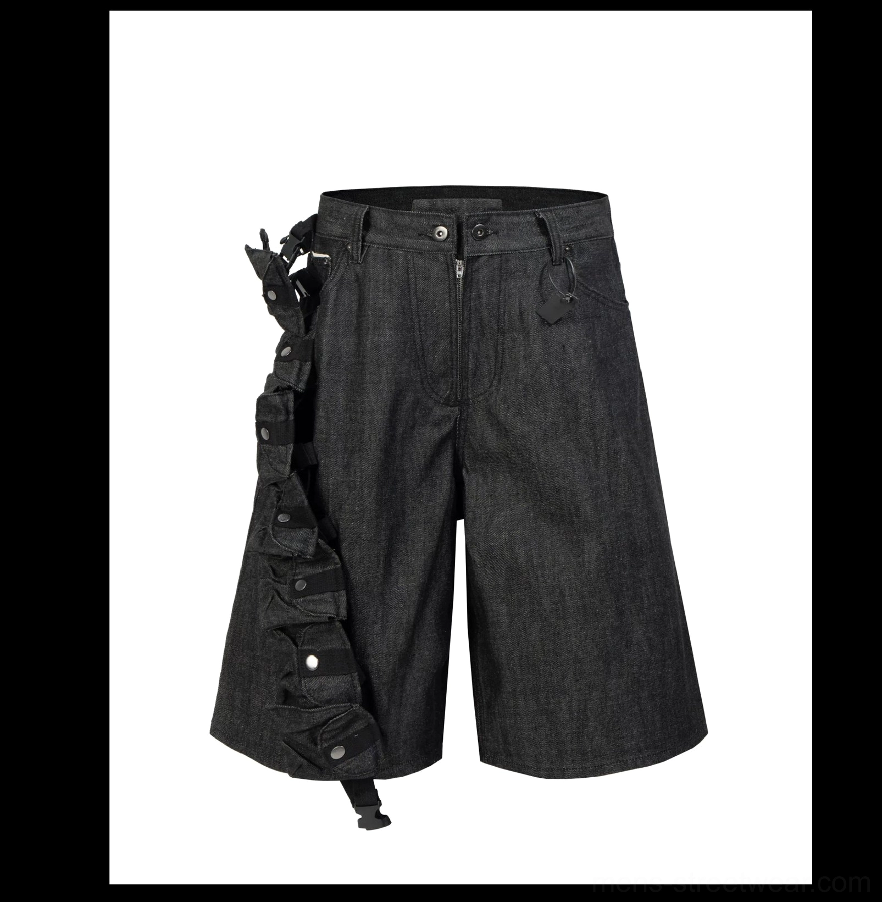 Black strap ladder tactical denim cargo cropped shorts flat lay front view with zip fly, belt loops, and detachable pouches