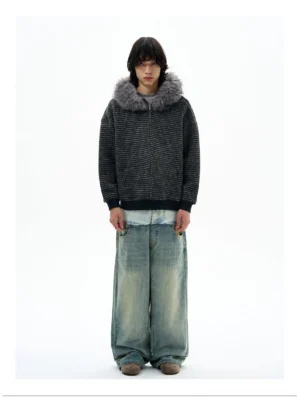 Black dark grey striped faux fur collar zip hoodie with ribbed cuffs and hem shown on a male model