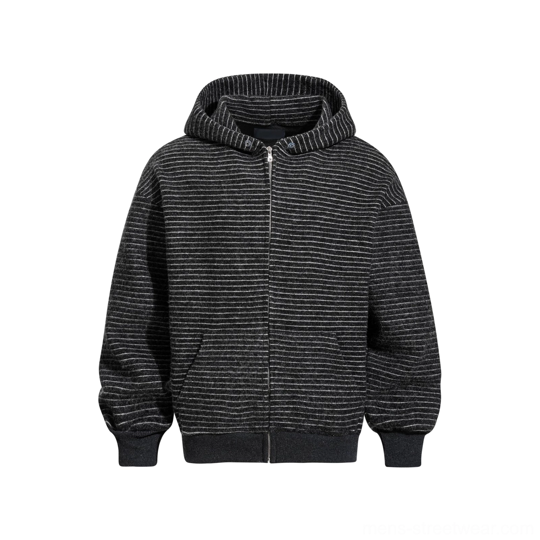 Black striped slouch zip hoodie front flat lay showing relaxed shape zipper ribbed hem and front pocket