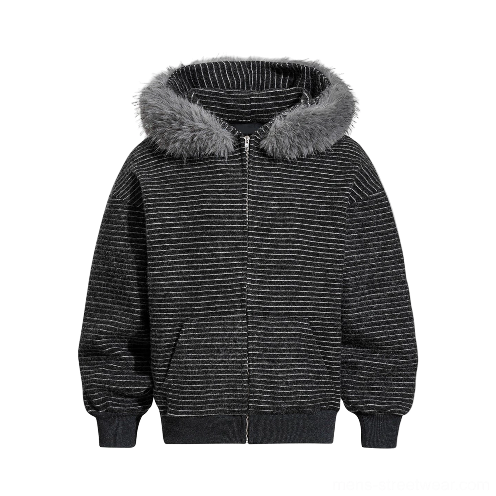Black striped slouch zip hoodie with silver fox fur trim relaxed Seoul streetwear outerwear view