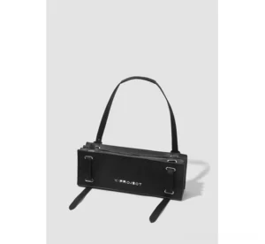 Black structured rectangular shoulder bag with silver-tone hardware, long top shoulder strap, and dangling decorative straps in a front three-quarter studio view