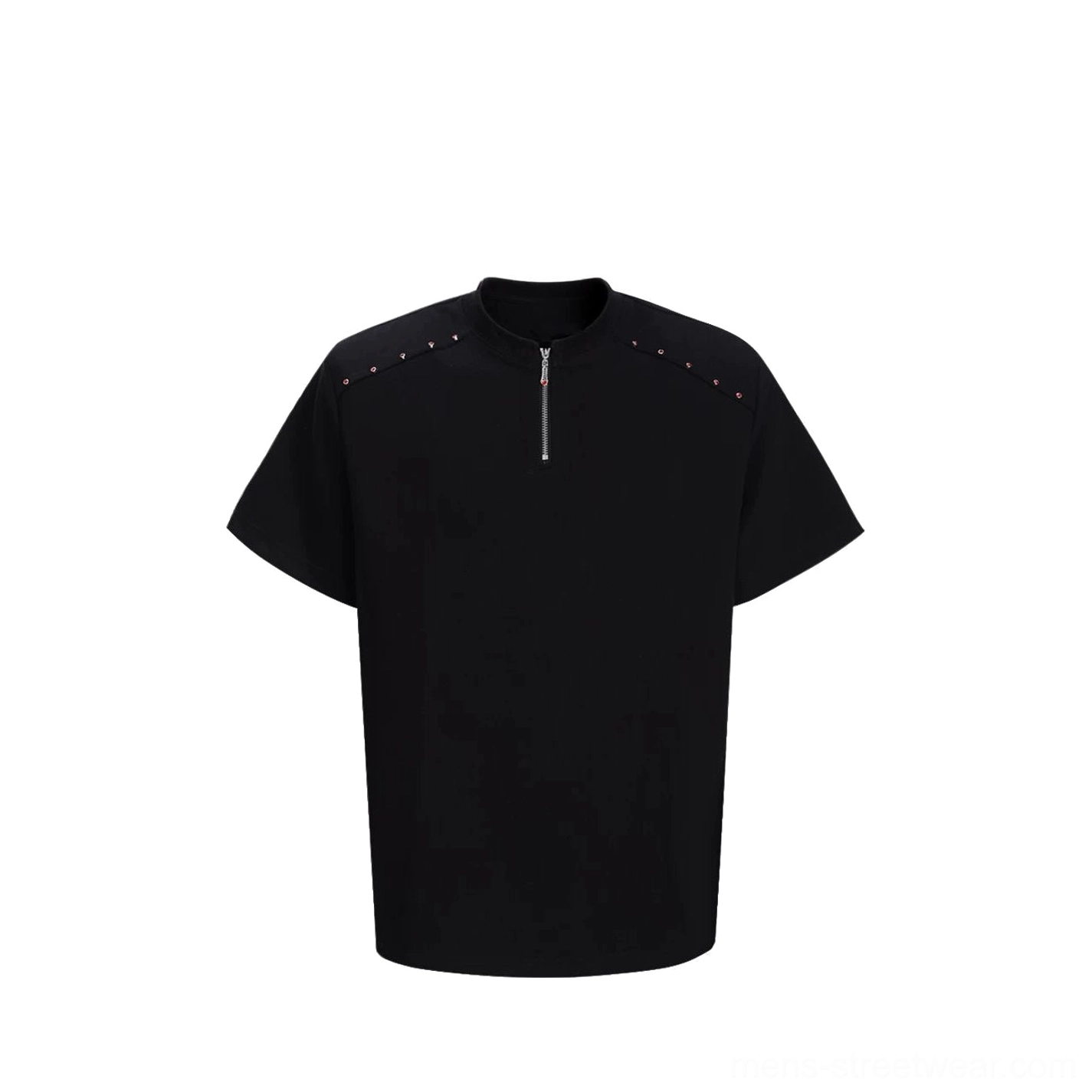 Black studded half-zip boxy streetwear T-shirt for men front flat lay with stand collar zipper and shoulder rivets