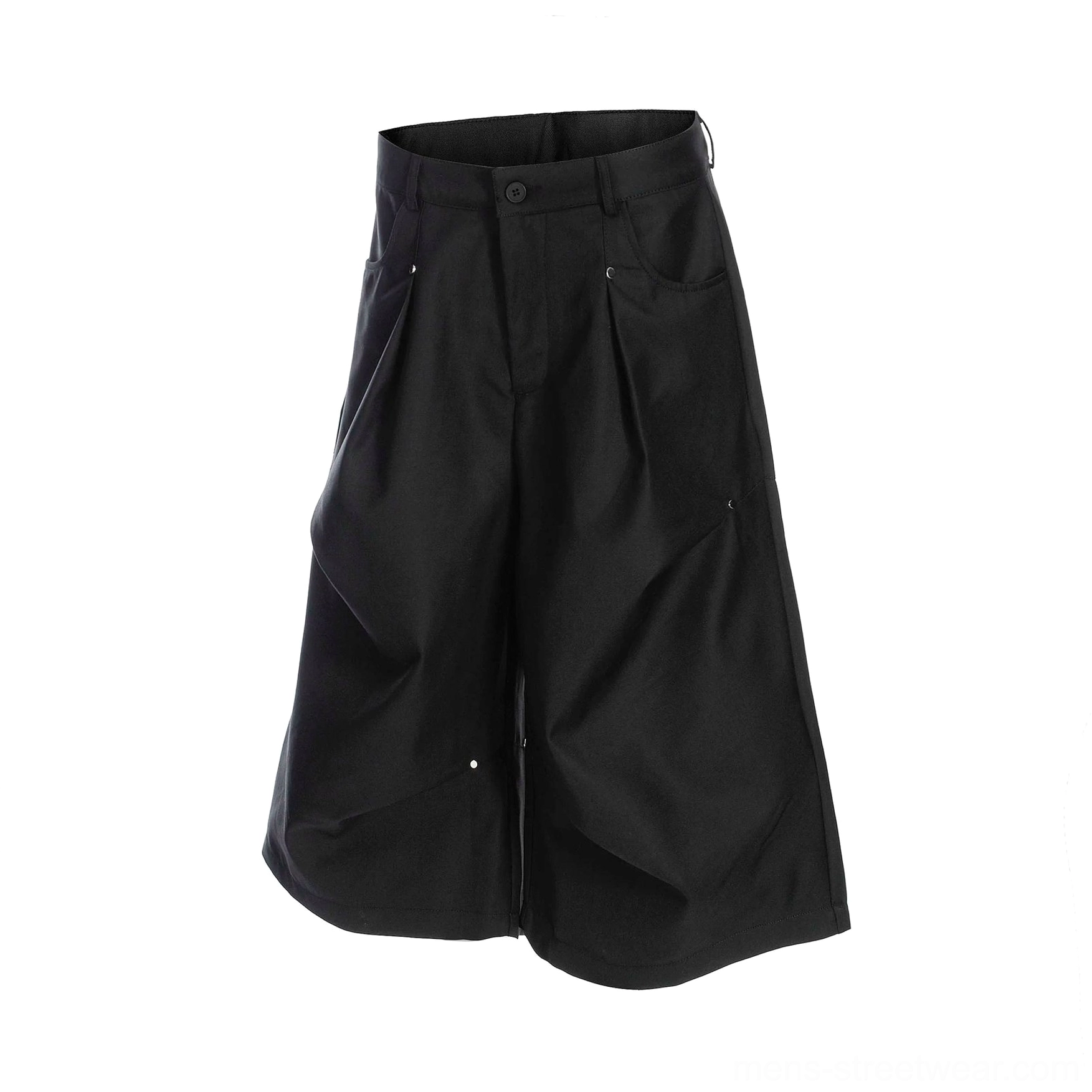 Black studded pleated longline shorts flat lay showing metal accents, side pockets, belt loops, and loose wide-leg cut
