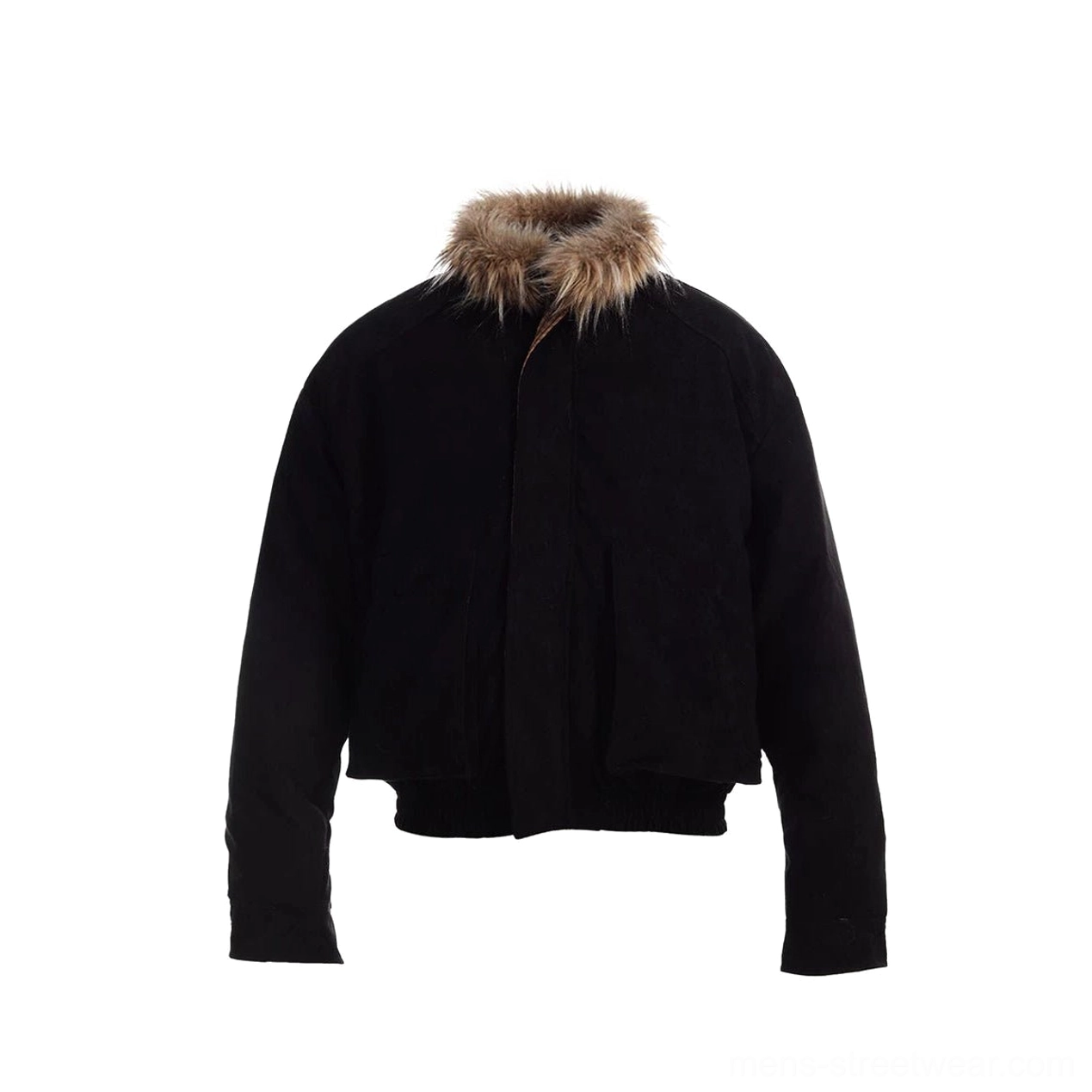 Flat lay front view of a black suede-look bomber jacket with brown faux fur collar, concealed zipper, and elasticated cropped hem