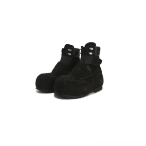 Black suede strap platform winter boots in a front three-quarter view, featuring a rounded toe, padded high-top collar, layered ankle straps, metal buckles, and thick black platform sole