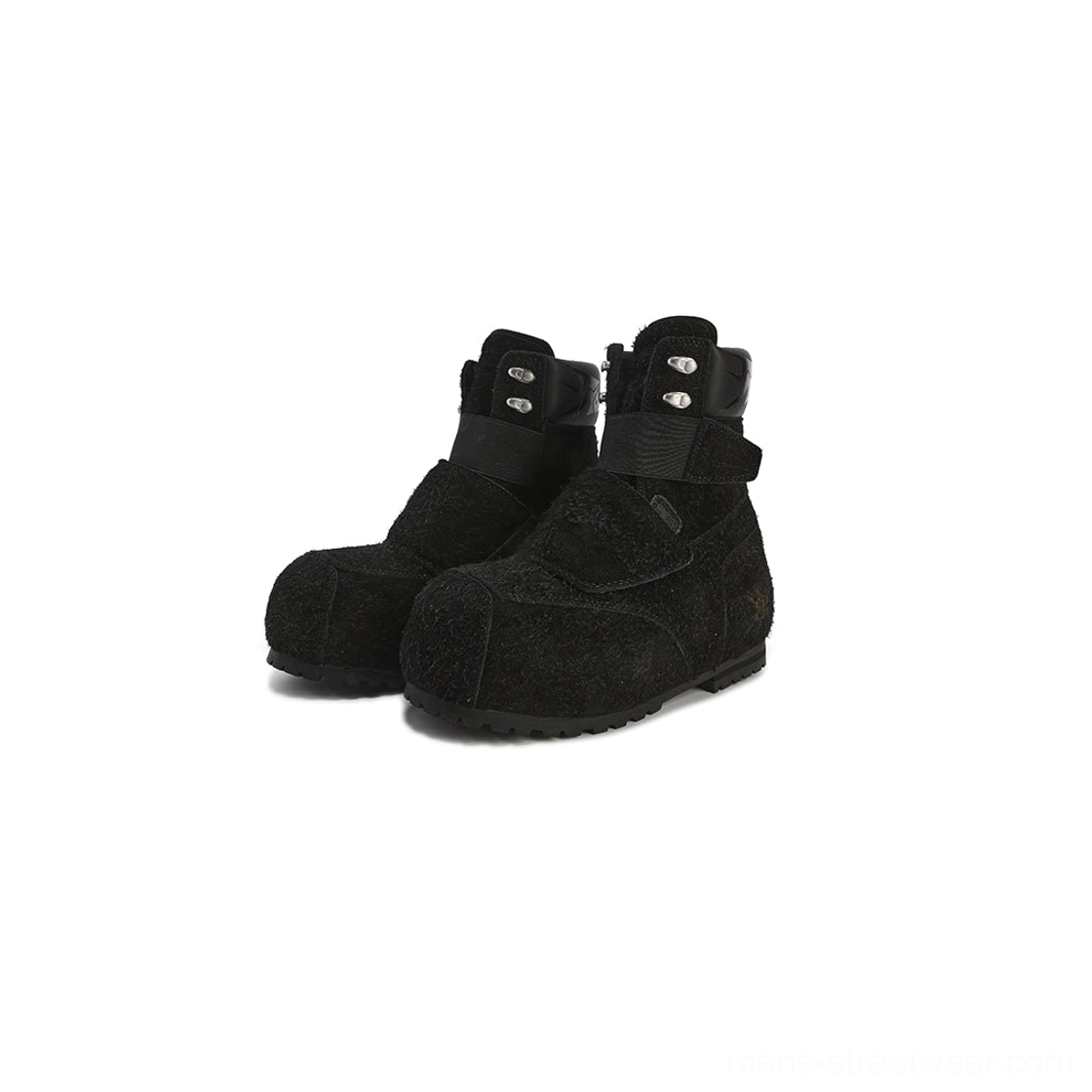 Black suede strap platform winter boots in a front three-quarter view, featuring a rounded toe, padded high-top collar, layered ankle straps, metal buckles, and thick black platform sole