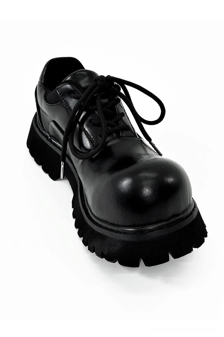 Black synthetic leather platform Derby shoes with deep tread rubber lug sole product image