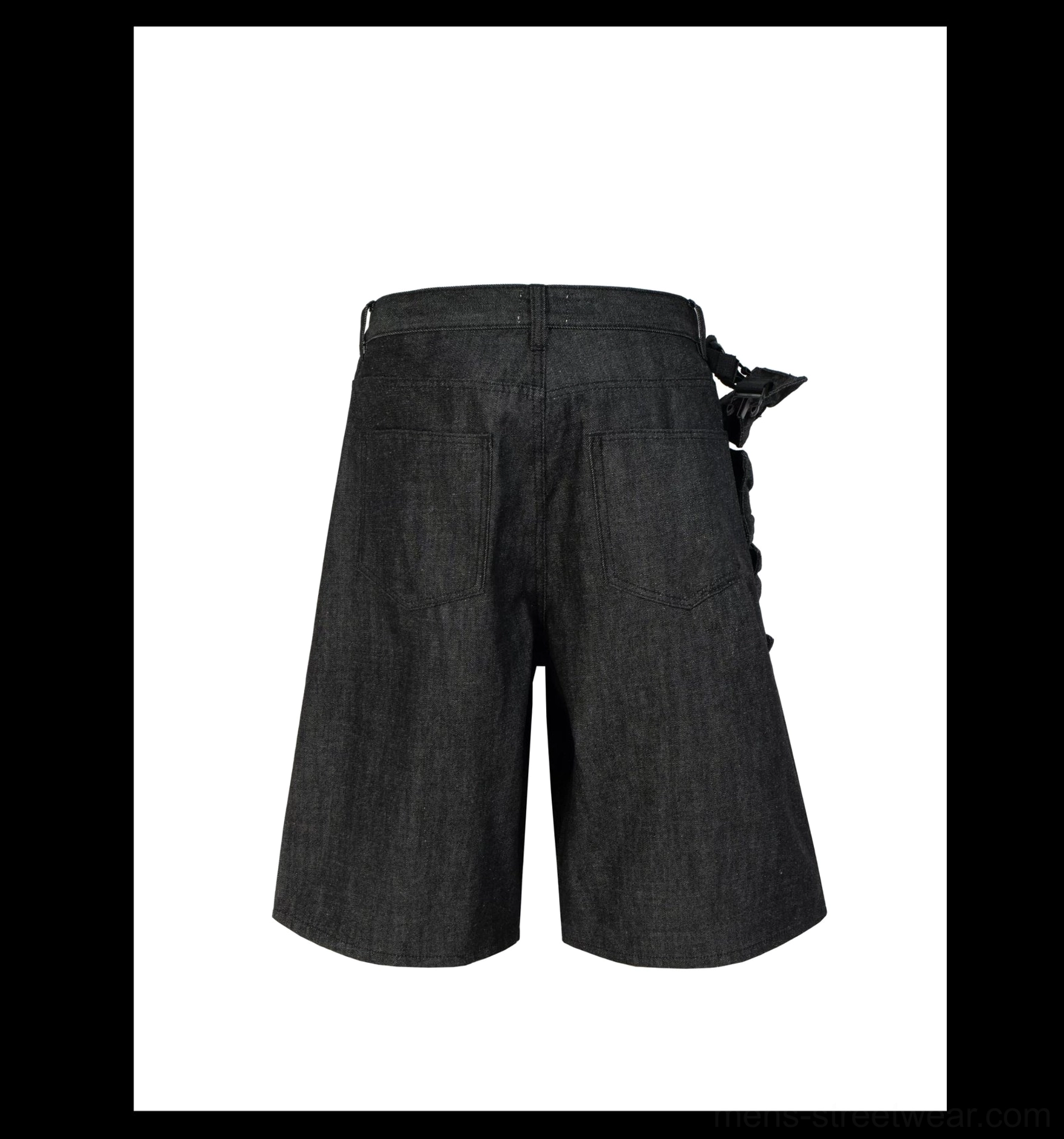 Black tactical denim cargo cropped shorts flat lay back view with rear patch pockets and attached ladder pouch straps