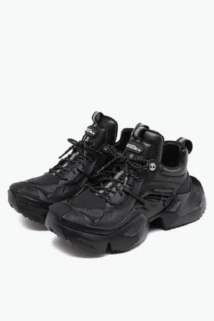 Pair of black tactical platform hiking sneakers with chunky rugged outsole, matte artificial leather upper, reflective laces, and techwear streetwear design