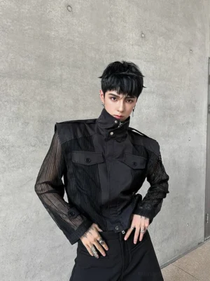 Black tactical sheer mesh panel cropped streetwear jacket front full body view with stand collar and flap chest pockets