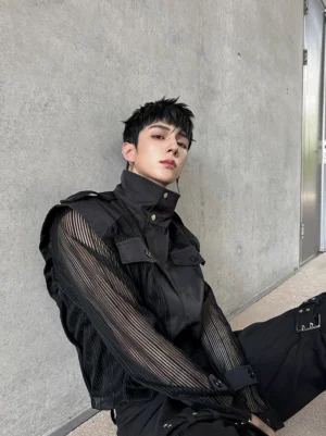 Black tactical sheer mesh panel jacket side view showing striped transparent sleeves adjustable cuffs and stand collar