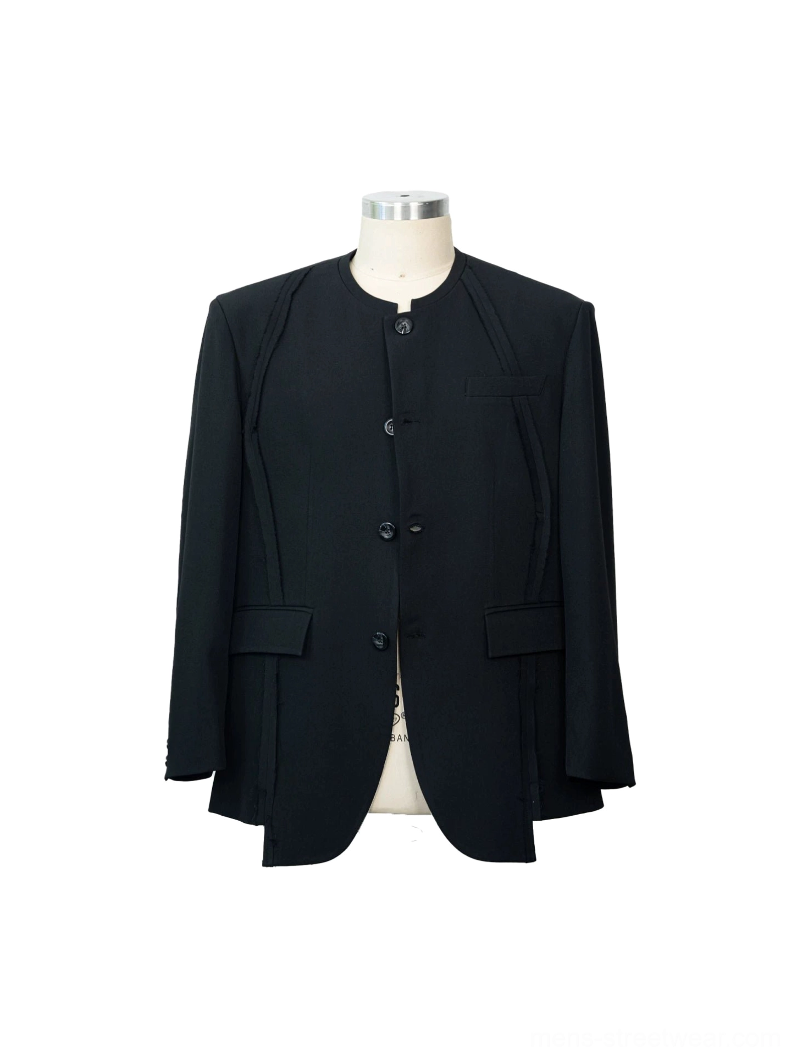Black tailored stand collar blazer product image showing structured silhouette statement buttons and modern minimalist details