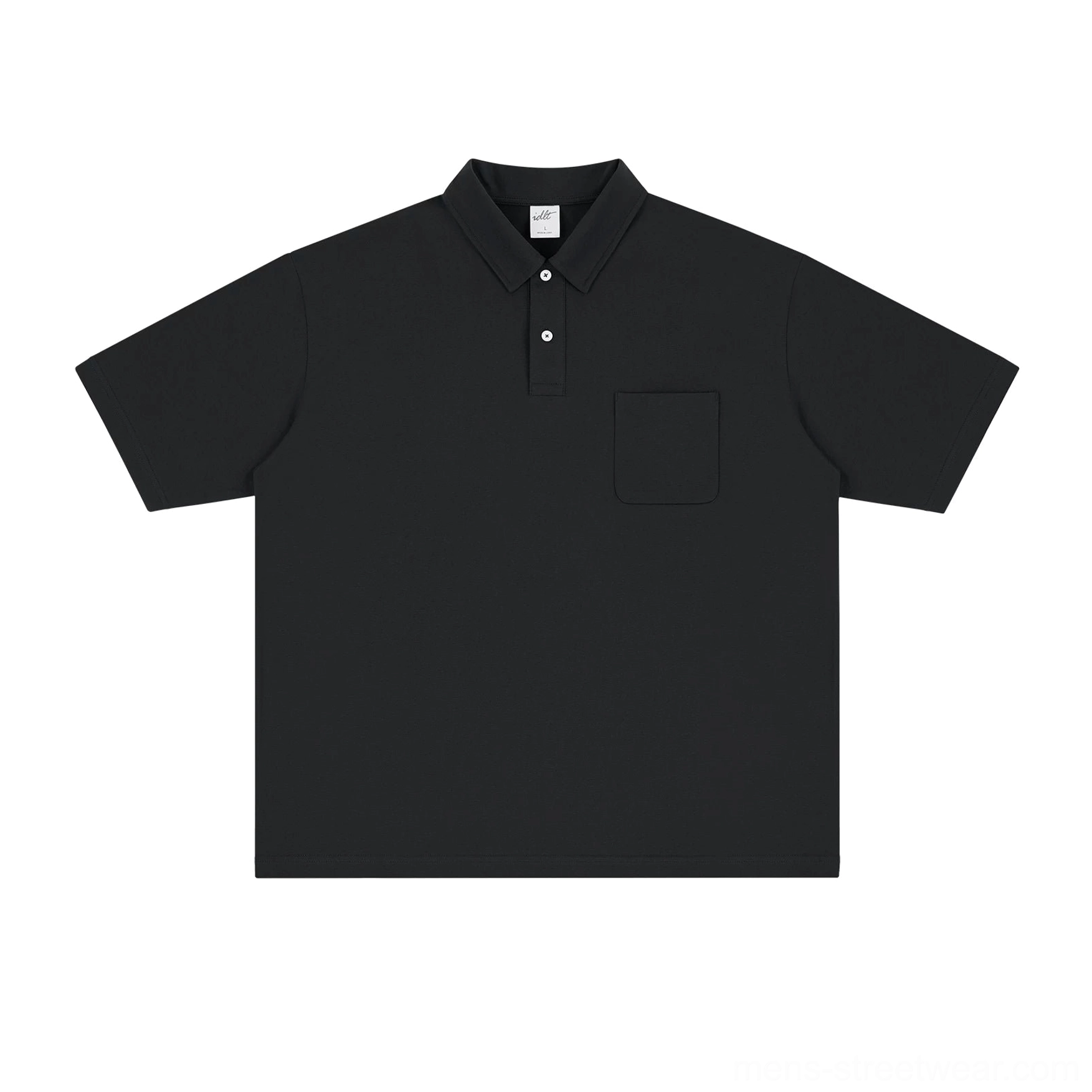 Black technical pocket polo shirt with relaxed fit, structured knit collar, short sleeves, and versatile men's streetwear design