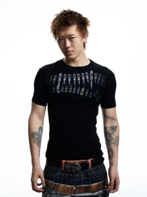 Front view of black slim fit teeth graphic T-shirt with silver industrial chest print on male model