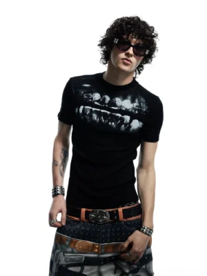 Black teeth x-ray graphic fitted crew neck t-shirt showing slim silhouette with punk streetwear styling