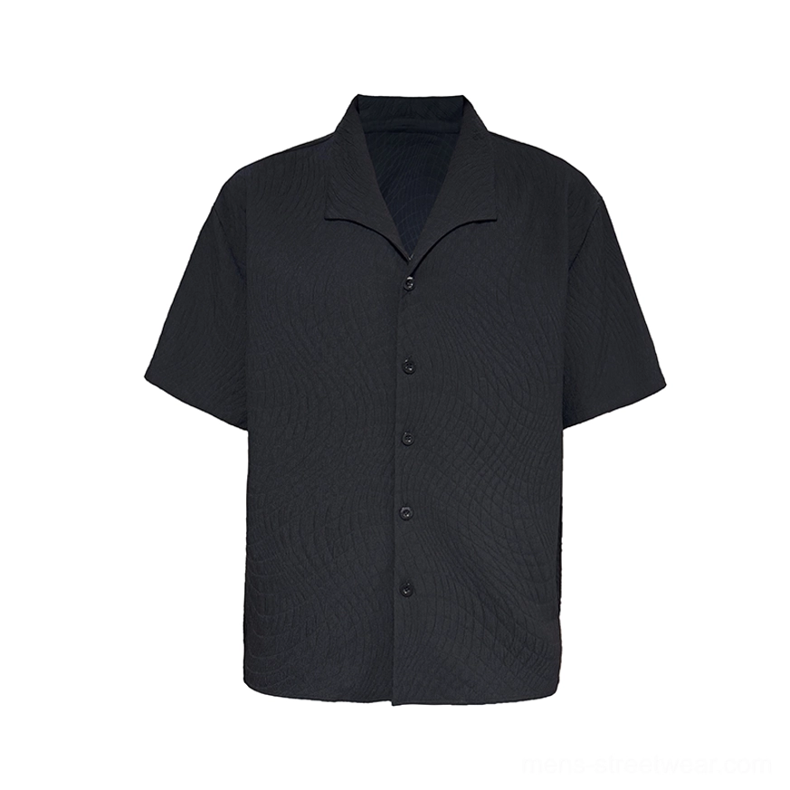 Black textured quilted short sleeve camp collar shirt product image with relaxed boxy Korean streetwear silhouette