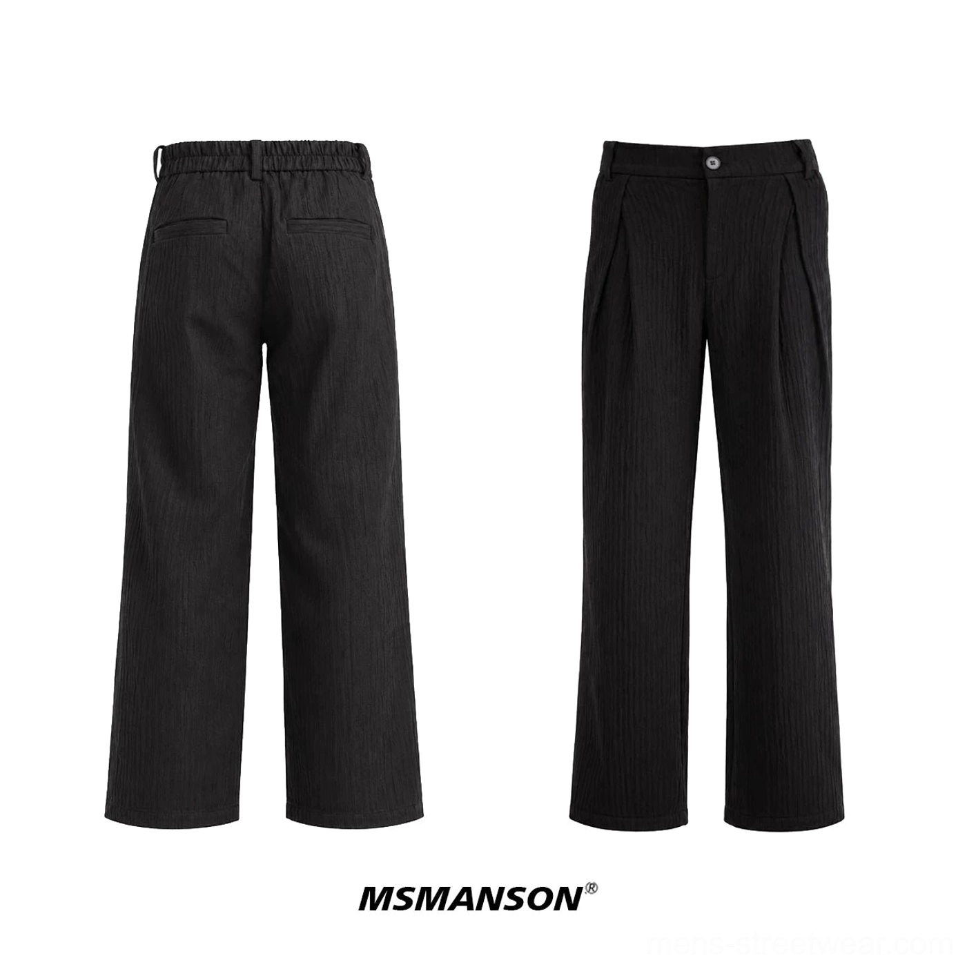 Black textured wide-leg tailored streetwear trousers with front pleats button waistband and vertical stripes