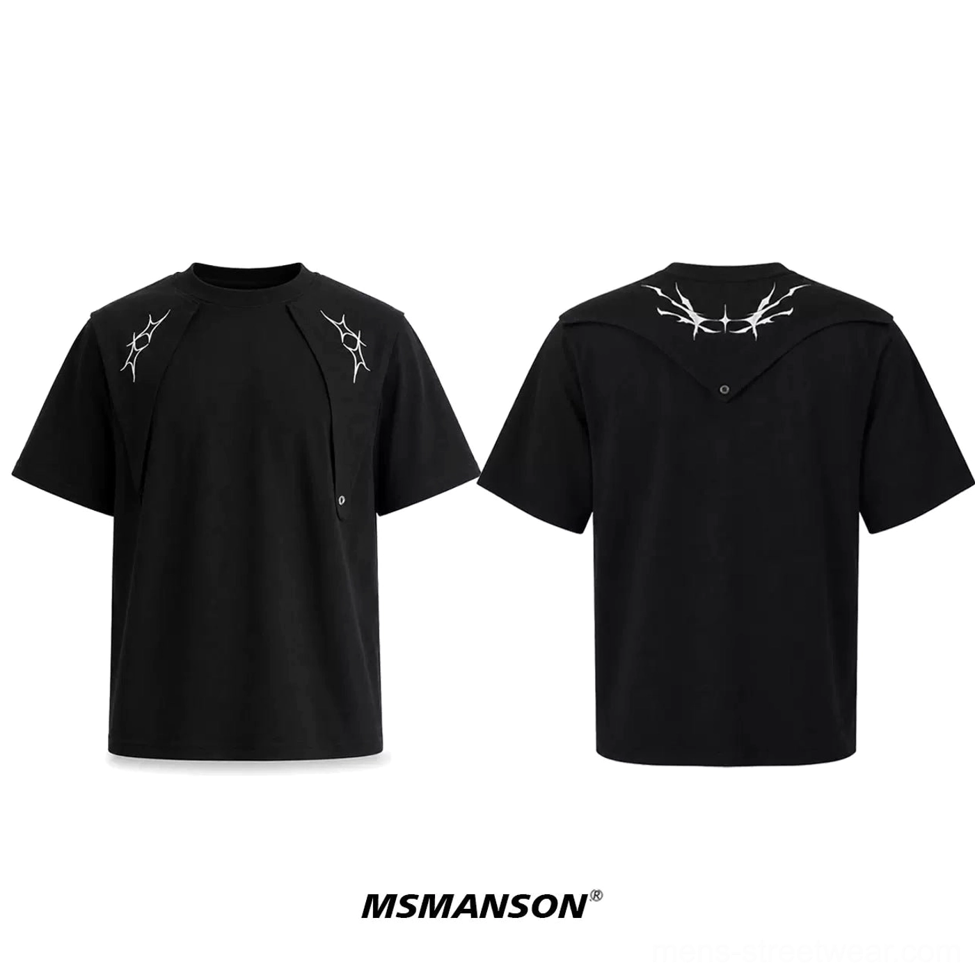 Black thorn embroidered layered cotton t-shirt front and back flat lay showing shoulder panels and snap details