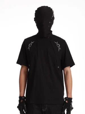 Black thorn embroidered layered streetwear t-shirt front full body view with shoulder panel snap details