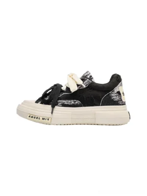 Black tie-dye double lace platform canvas sneakers side front product view with off-white elevated sole